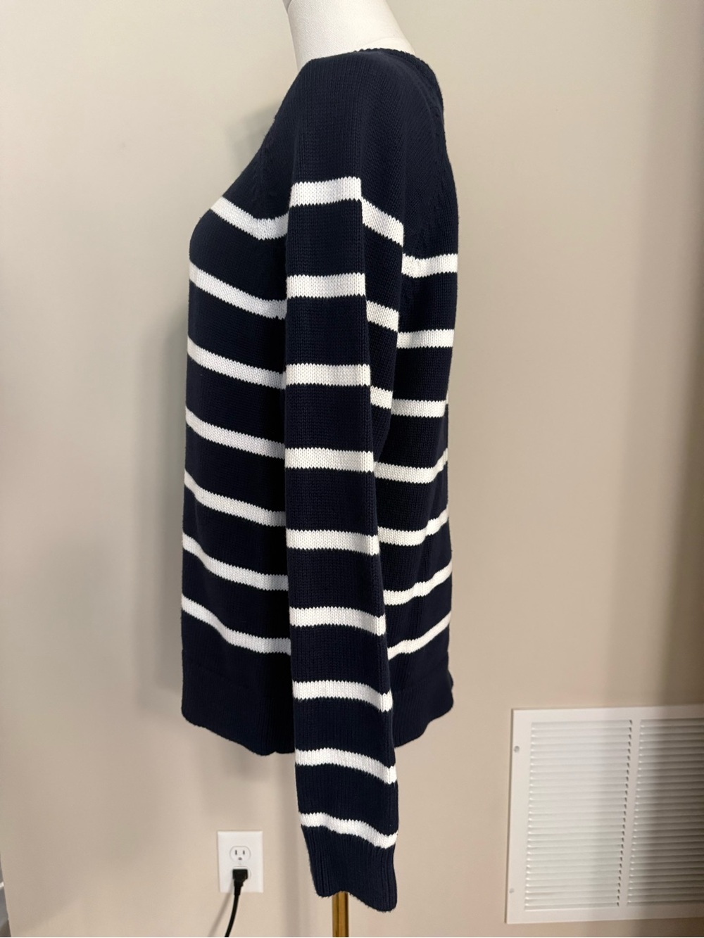J.Crew Navy White Stripe Cotton Sweater XL Coastal Nautical Preppy Crewneck - Picture 3 of 7